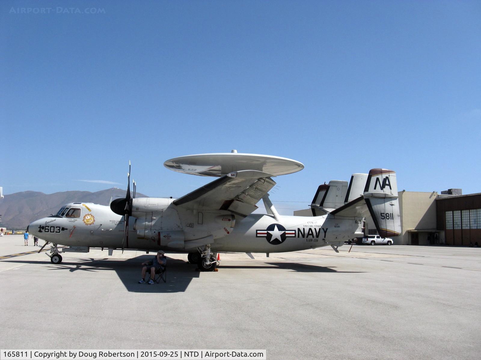 165811, Northrop Grumman E-2C Hawkeye C/N A-182, Northrop Grumman E2C HAWKEYE, 2 Allison T-56-A-427 Turboshafts 5,100 ehp ea. driving 8 blade NP2000 props, circular radome AN/APS-145 ARPS, of VAW-116 Naval Air Warfare Station Point Mugu, NTD.