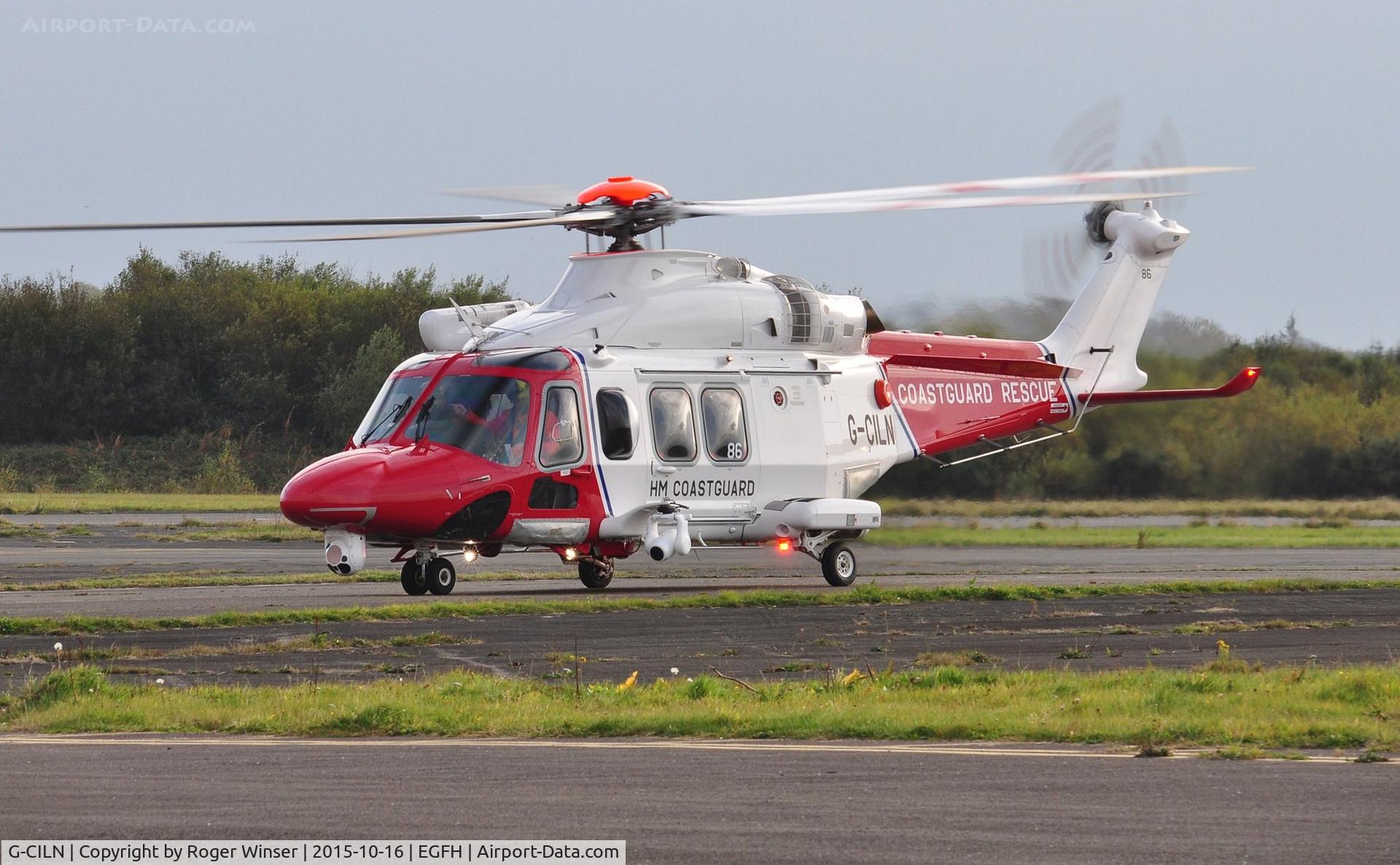 G-CILN, 2014 AgustaWestland AW-139 C/N 31586, Visiting HM Coastguard SAR helicopter (Rescue 187) arriving at the airport to take on fuel.