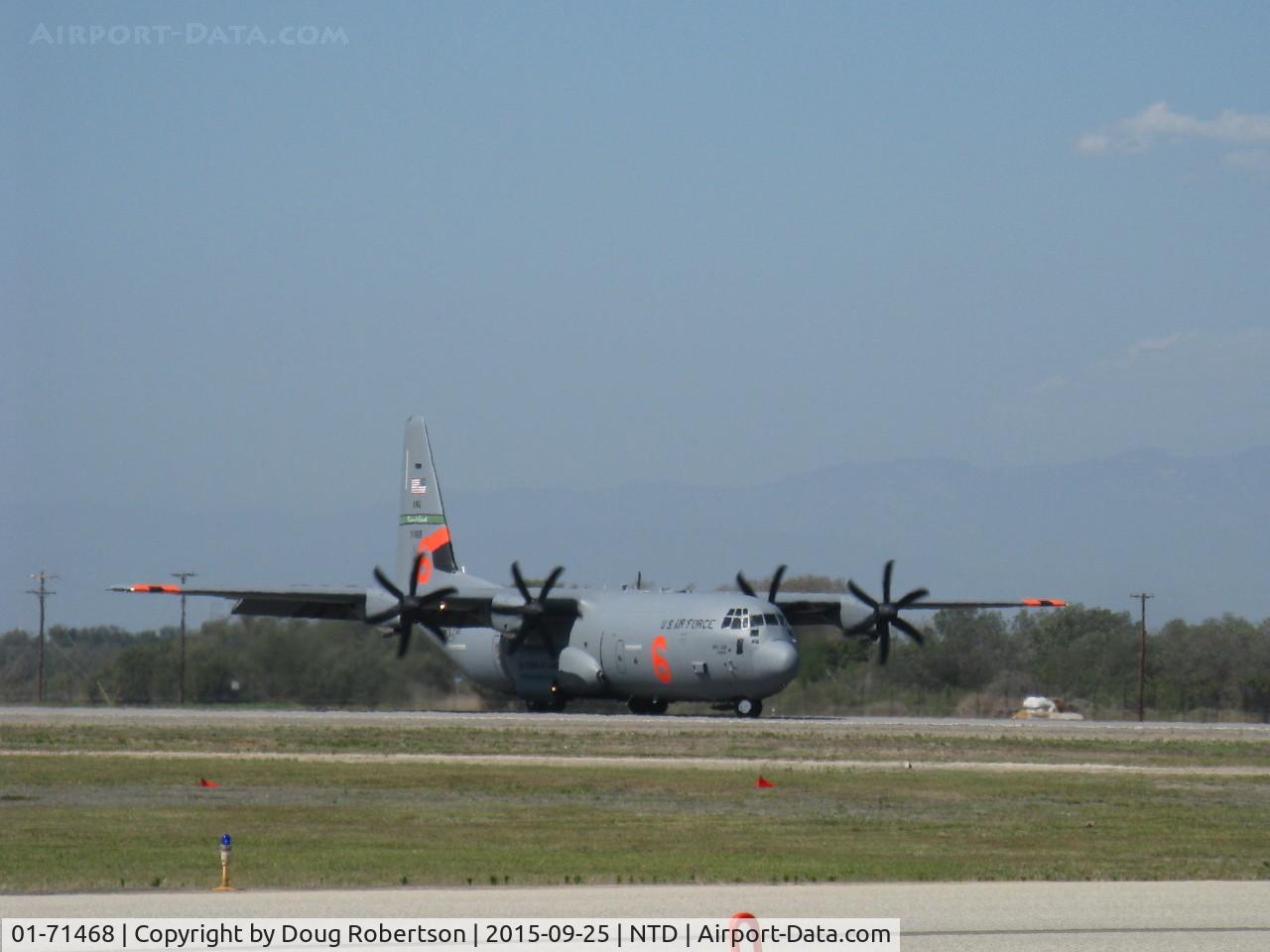 01-71468, Lockheed Martin FC-130J Super Hercules C/N 01-71468, Lockheed Martin C-130j SUPER HERCULES, four Rolls Royce AE 2100D3 Turboprops, 4,637 shp each, of 146th Wing Channel Islands ANG based at NTD, taxi back after landing on duty Rwy 21
