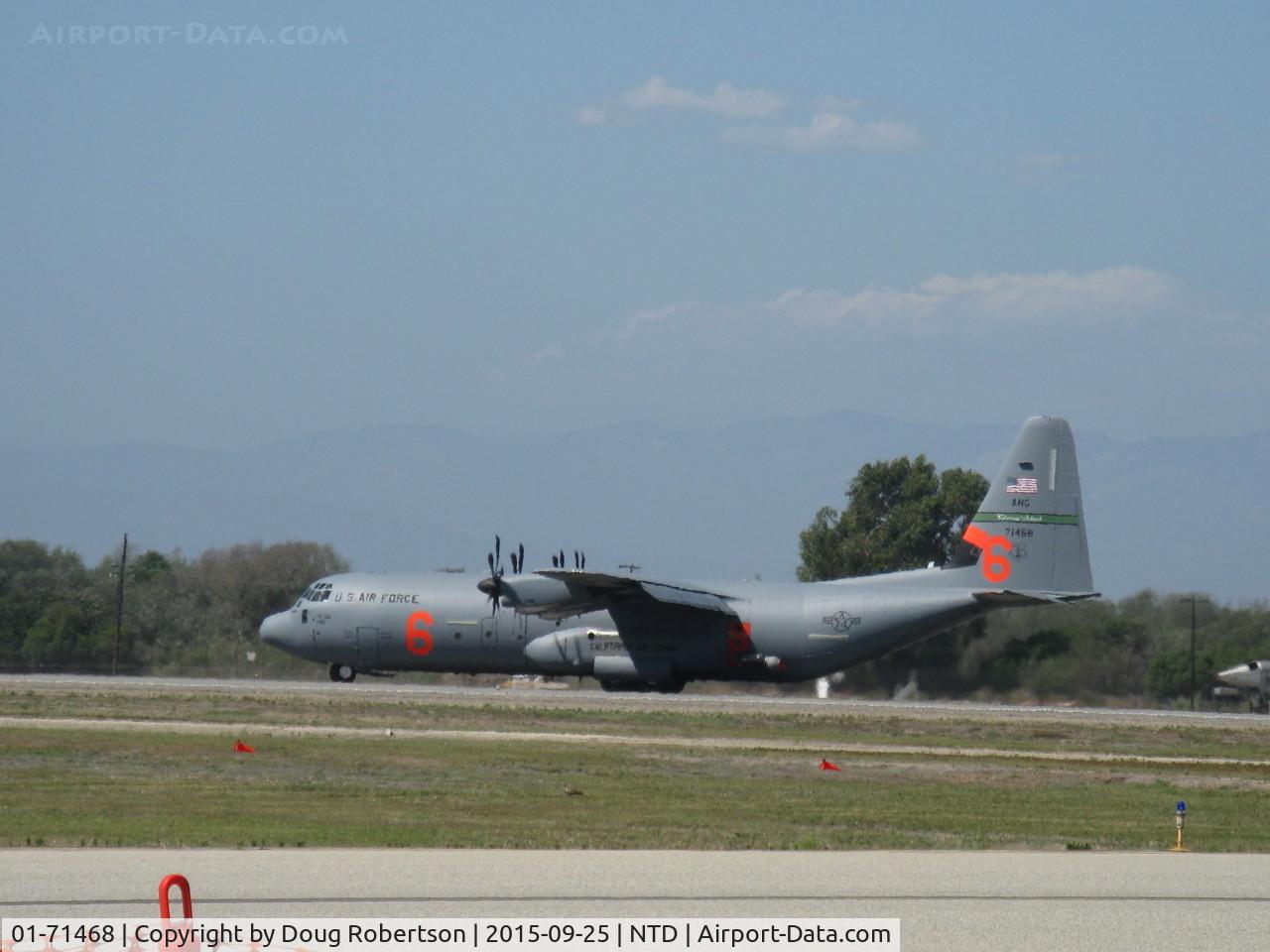 01-71468, Lockheed Martin FC-130J Super Hercules C/N 01-71468, Lockheed Martin C-130J SUPER HERCULES, 4 Rolls Royce AE 2100D3 Turboprops of 4,637 shp each, of 146th Wing ANG based at NTD, landing roll on NTD duty Rwy 21 11,100' X 200'. Field elevation 12' msl.