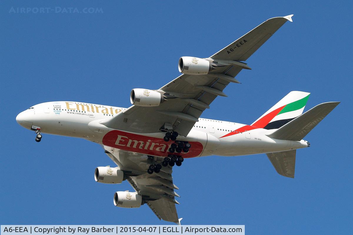A6-EEA, 2012 Airbus A380-861 C/N 108, Airbus A380-861[108] (Emirates Airlines) Home~G 07/04/2015. On approach 27R.