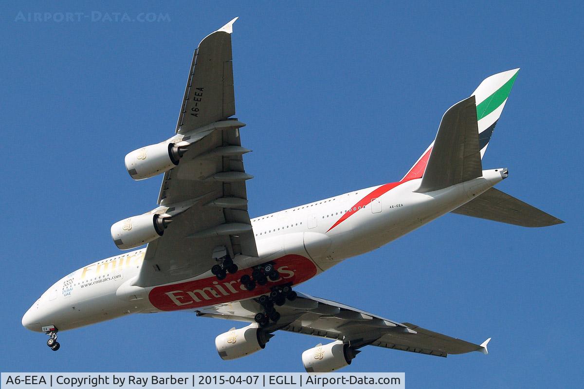 A6-EEA, 2012 Airbus A380-861 C/N 108, Airbus A380-861[108] (Emirates Airlines) Home~G 07/04/2015. On approach 27R.