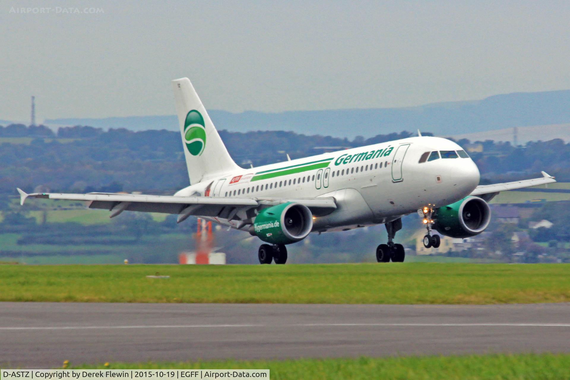 D-ASTZ, 2007 Airbus A319-112 C/N 3019, A319-112, call sign Germania 6364, previously D-AVXM, OE-LEK, seen landing on runway 12 out of Toulouse Blagnac.