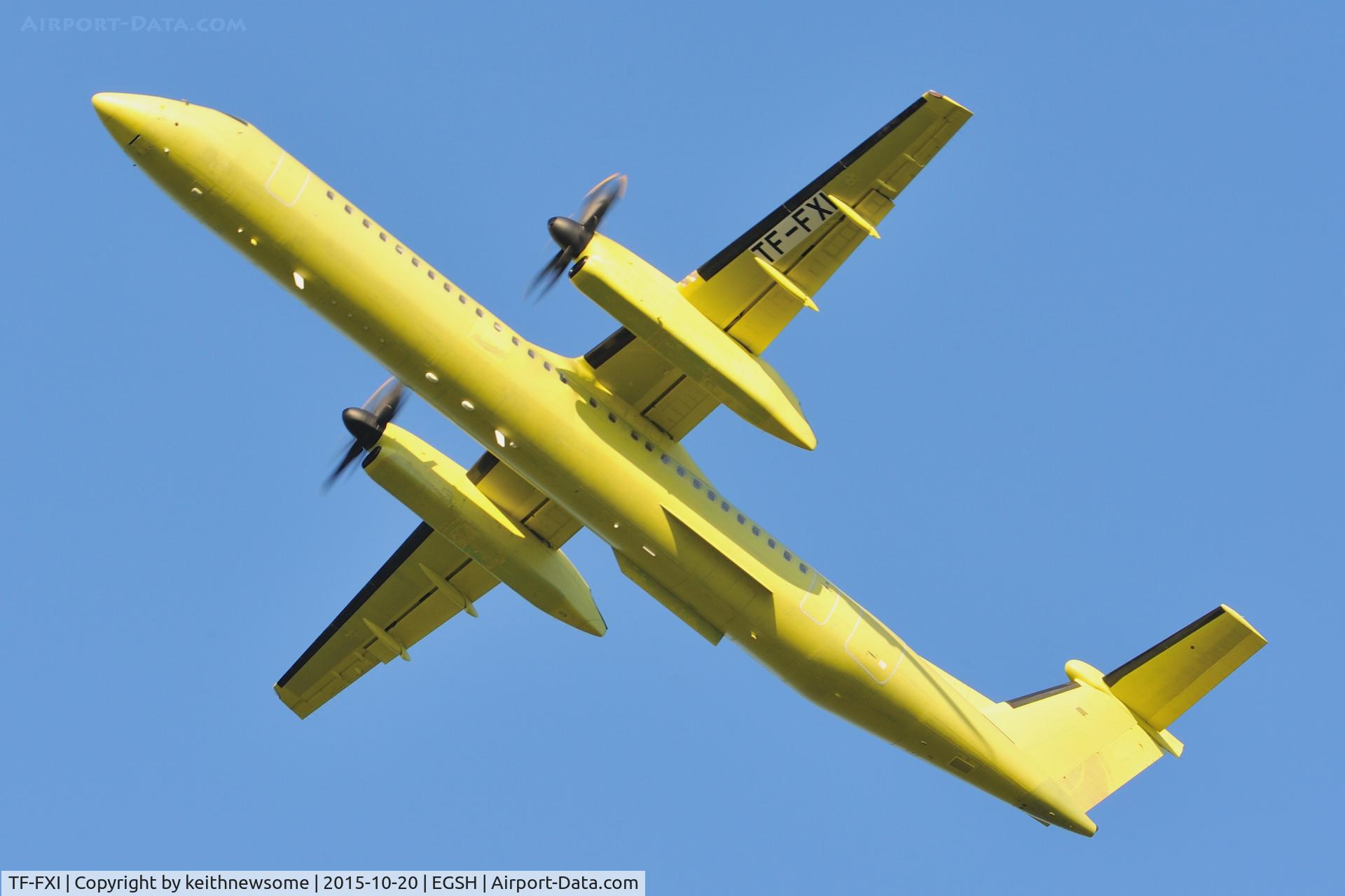 TF-FXI, 2000 De Havilland Canada DHC-8-402Q Dash 8 C/N 4033, Leaving Norwich for Exeter.