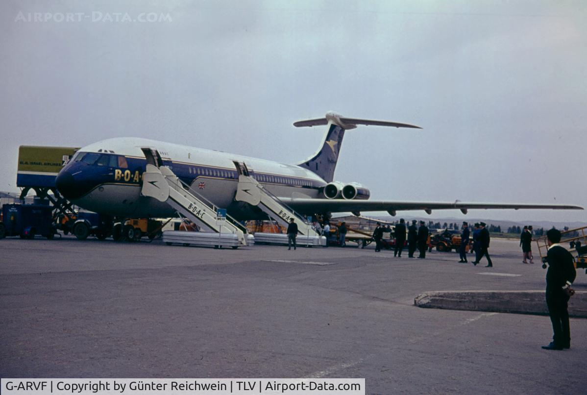 G-ARVF, 1963 Vickers VC10 Srs 1101 C/N 808, VC-10  Registration G-ARVF in 1968 operated by BOAC at Tel Aviv Airport. Scanned from a slide.