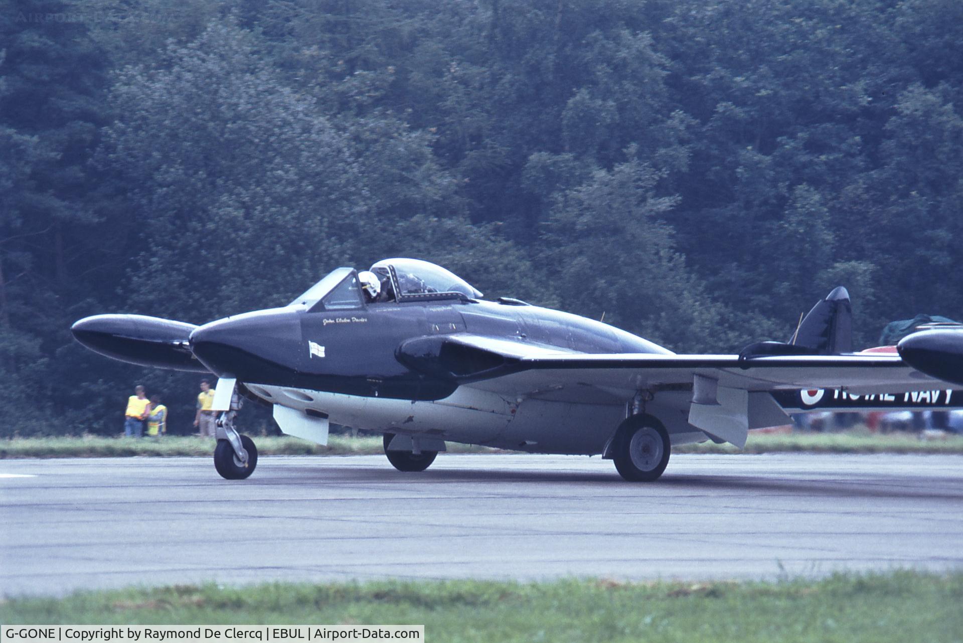 G-GONE, 1954 De Havilland (F+W Emmen) DH-112 Venom FB.50 C/N 752, Built by Pilatus as a FB.1 for the Swiss Air Force.Later became G-GONE privately owned by John Elsdon Davies seen at the Ursel airshow in july 1991.