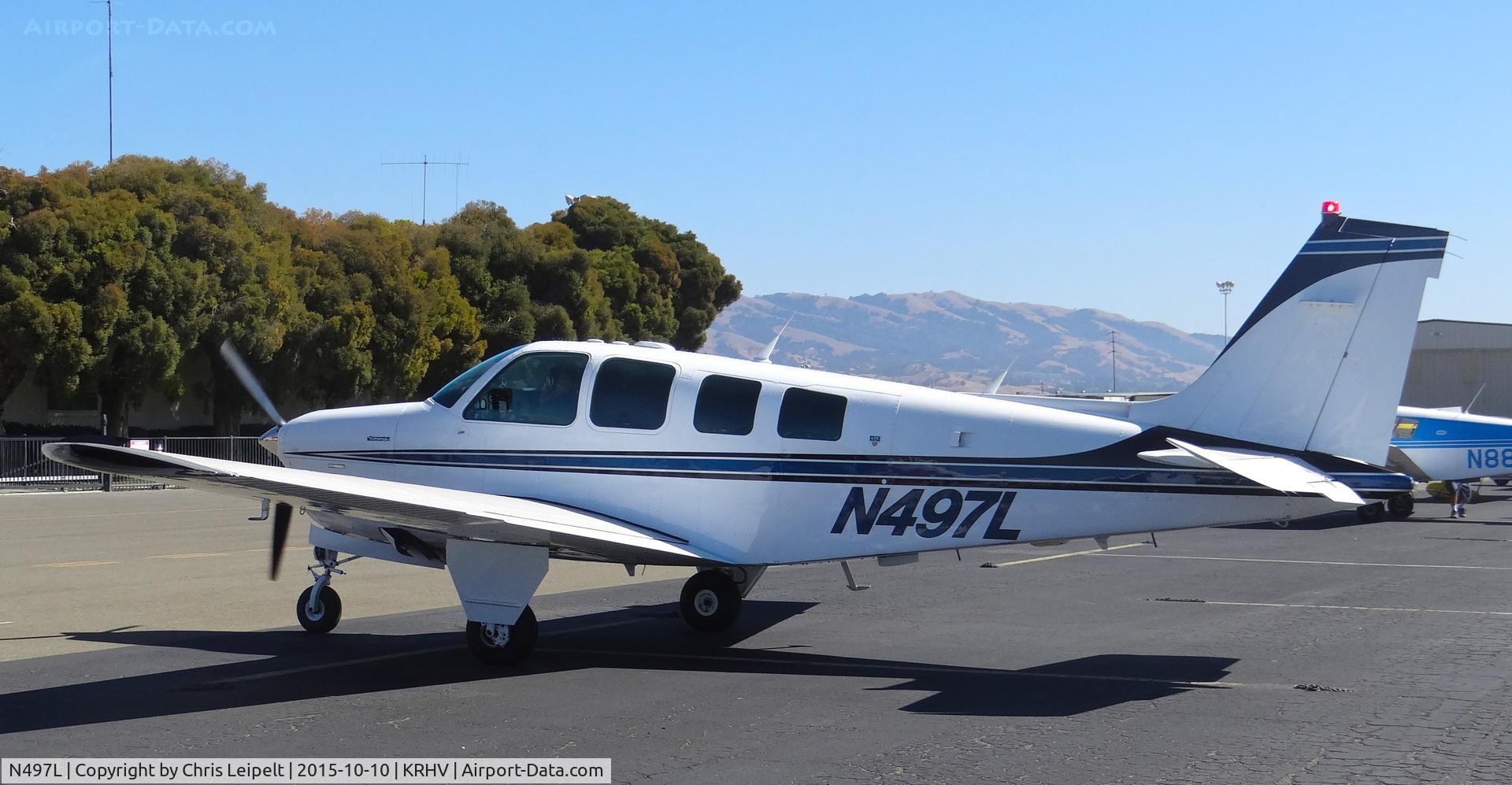 N497L, 1984 Beech A36 Bonanza 36 C/N E-2156, Gulf Sierra Air Crop (Portola Valley, CA) 1984 Beechcraft A36 Bonanza preparing for taxi out and departure at Reid Hillview Airport, San Jose, CA.