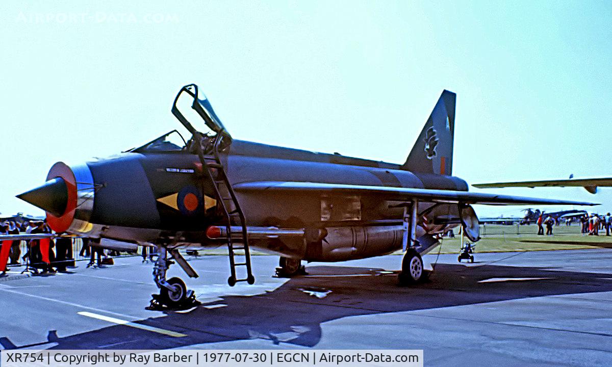 XR754, 1965 English Electric Lightning F.6 C/N 95219, English Electric F.6 Lightning [95219] (Royal Air Force) RAF Finningley~G 30/07/1977. From a slide.