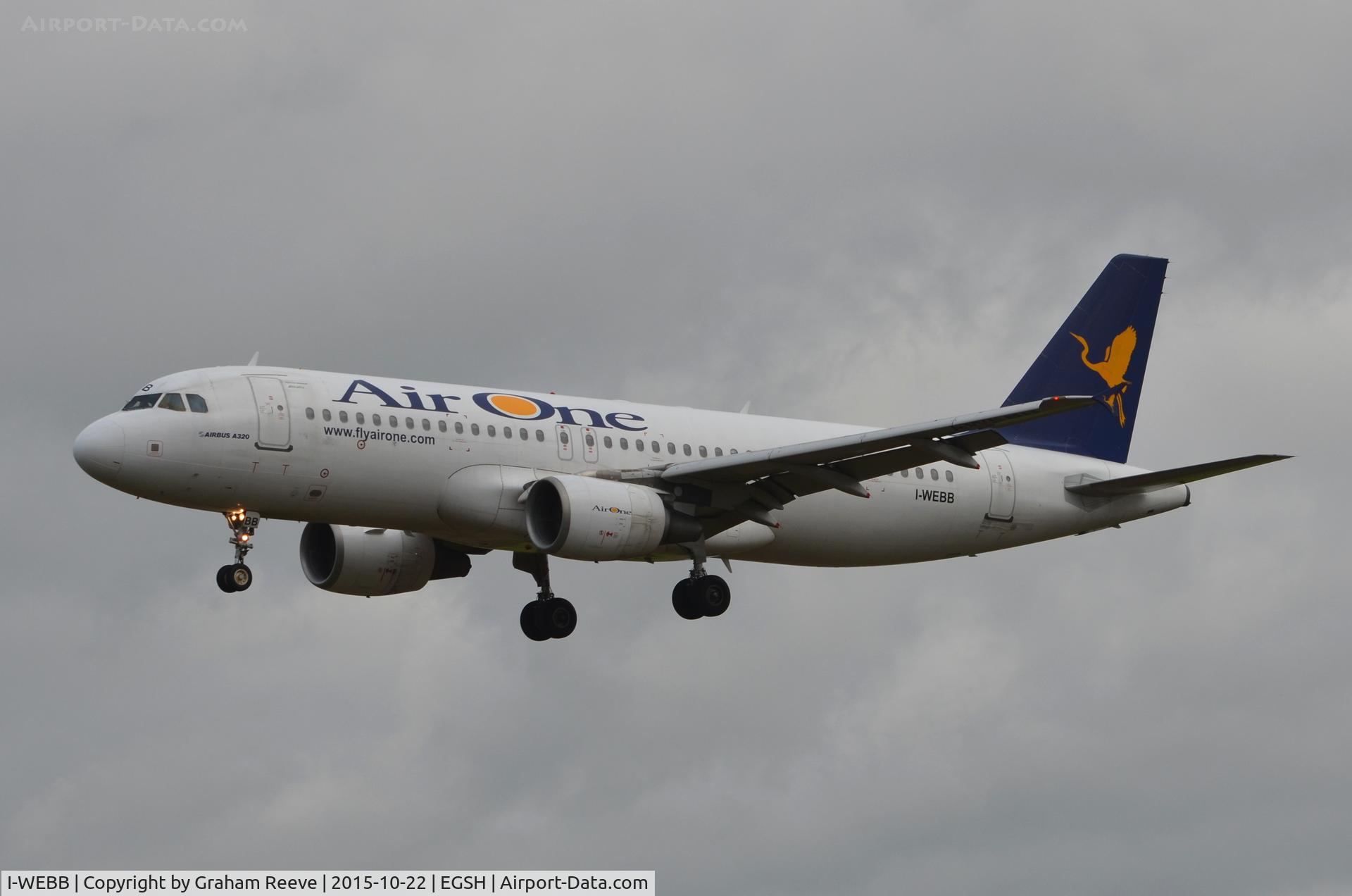 I-WEBB, 2007 Airbus A320-214 C/N 3161, Landing at Norwich.