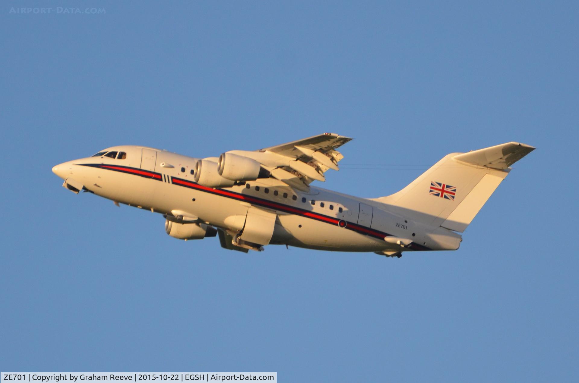 ZE701, 1985 British Aerospace BAe.146 CC.2 C/N E1029, Departing from Norwich late in the afternoon.