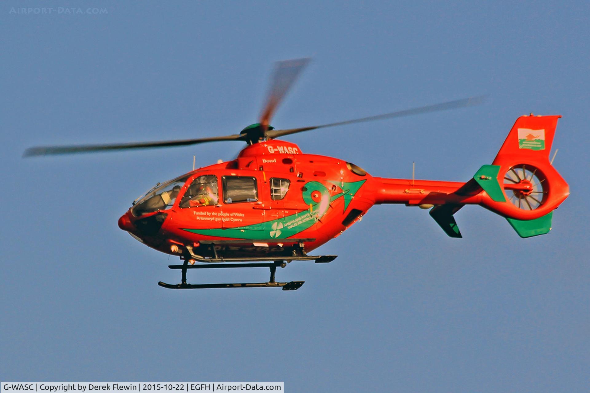 G-WASC, 2012 Eurocopter EC-135T-2+ C/N 1074, EC-135T-2+, visiting Mid-Wales Air Ambulance, Welshpool based, call sign Helimed 59, seen lifting from EGFH.