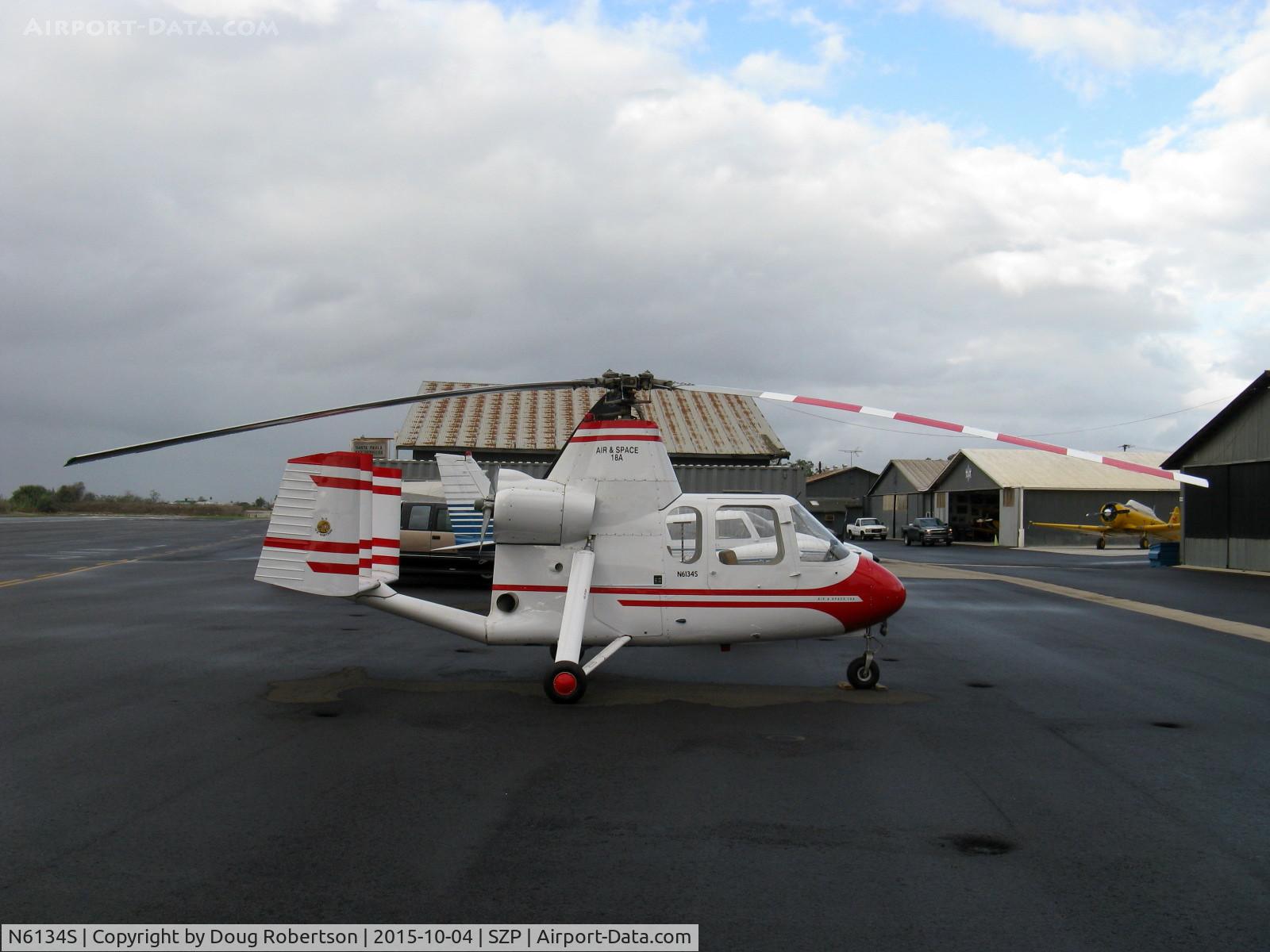N6134S, 1965 Air & Space America Inc 18A C/N 18-41, 1965 Air & Space Mfg. Inc. 18A jump start AUTOGYRO, Lycoming 180 Hp pusher has clutch between engine transmission & 35' diameter tri-blade rotor enables 