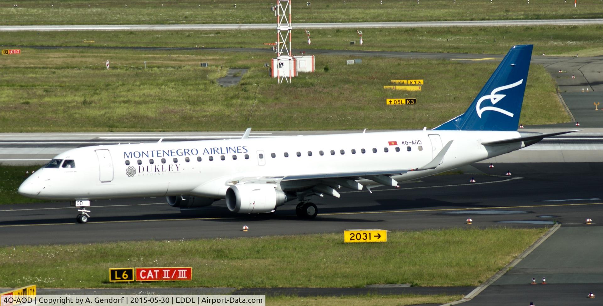 4O-AOD, 2014 Embraer 190LR (ERJ-190-100LR) C/N 19000665, Montenegro Airlines, is here taxiing at Düsseldorf Int'l(EDDL)