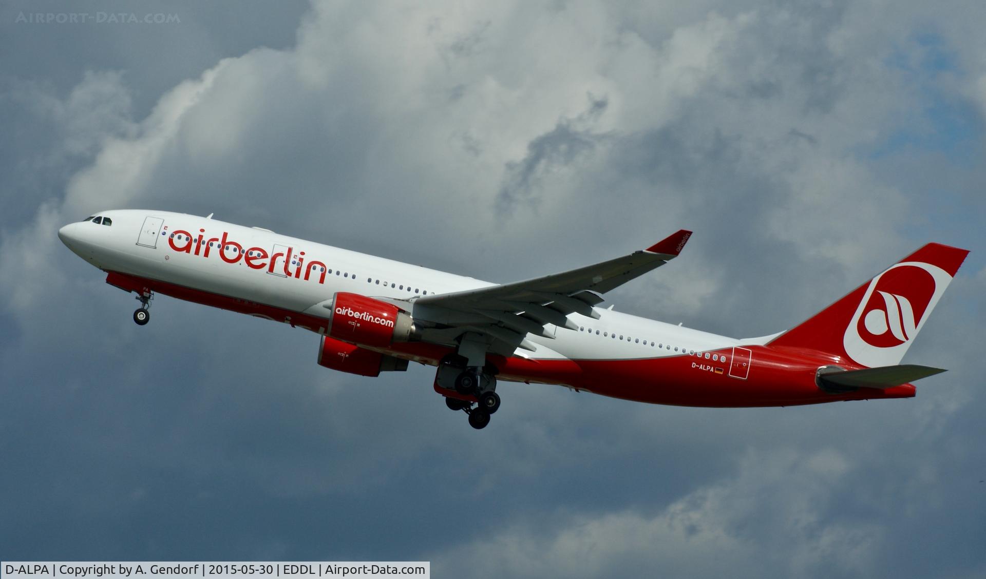 D-ALPA, 2001 Airbus A330-223 C/N 403, Air Berlin, is here climbing out at Düsseldorf Int'l(EDDL)