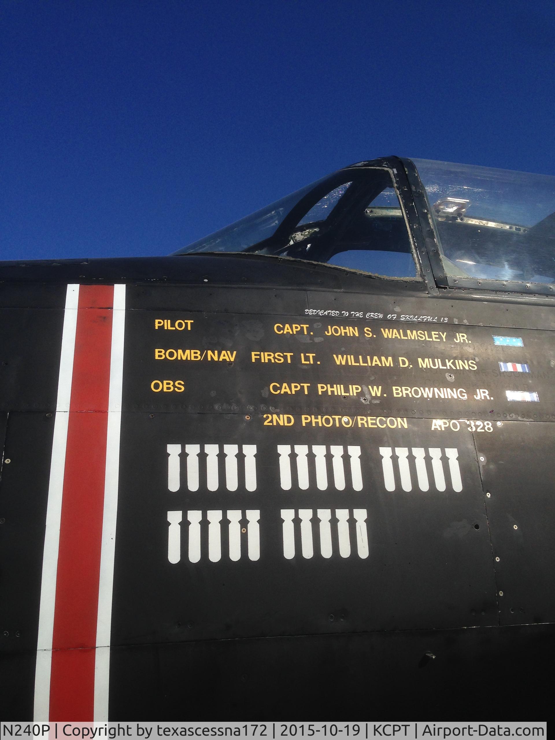 N240P, 1943 Douglas A-26B Invader C/N 7140, On the ramp at Cleburne Municipal Airport (KCPT) on October 19, 2015.  Owned by the Commemorative Air Force.  It is said LBJ and JFK may have ridden on this airplane.  It was used by drug runner in the late 1970s.