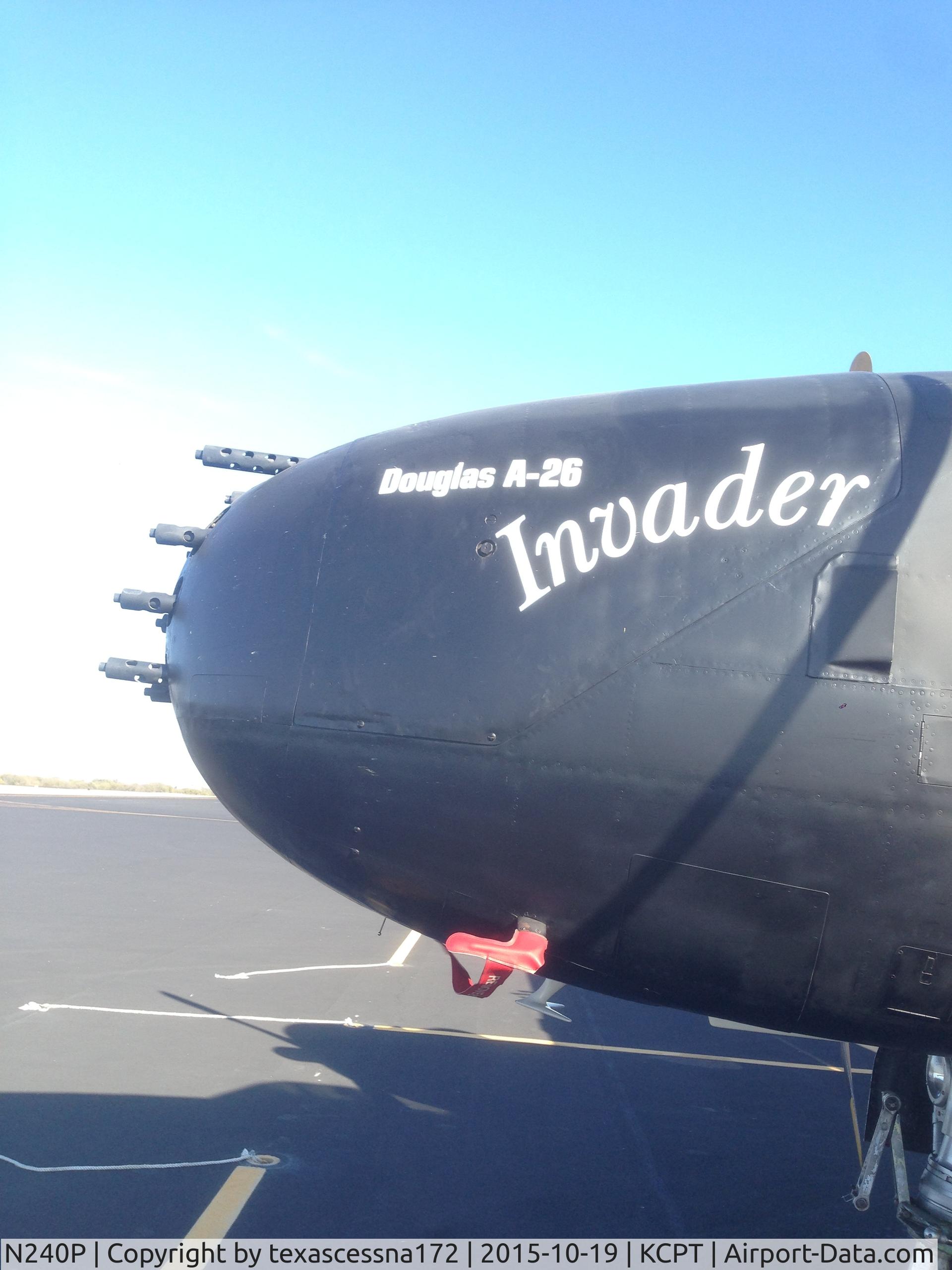 N240P, 1943 Douglas A-26B Invader C/N 7140, Commemorative Air Force A-26B on the ramp at Cleburne Municipal Airport.  It is said that LBJ and JFK both rode on this airplane.  It was used by drug runners in the late 1970s.