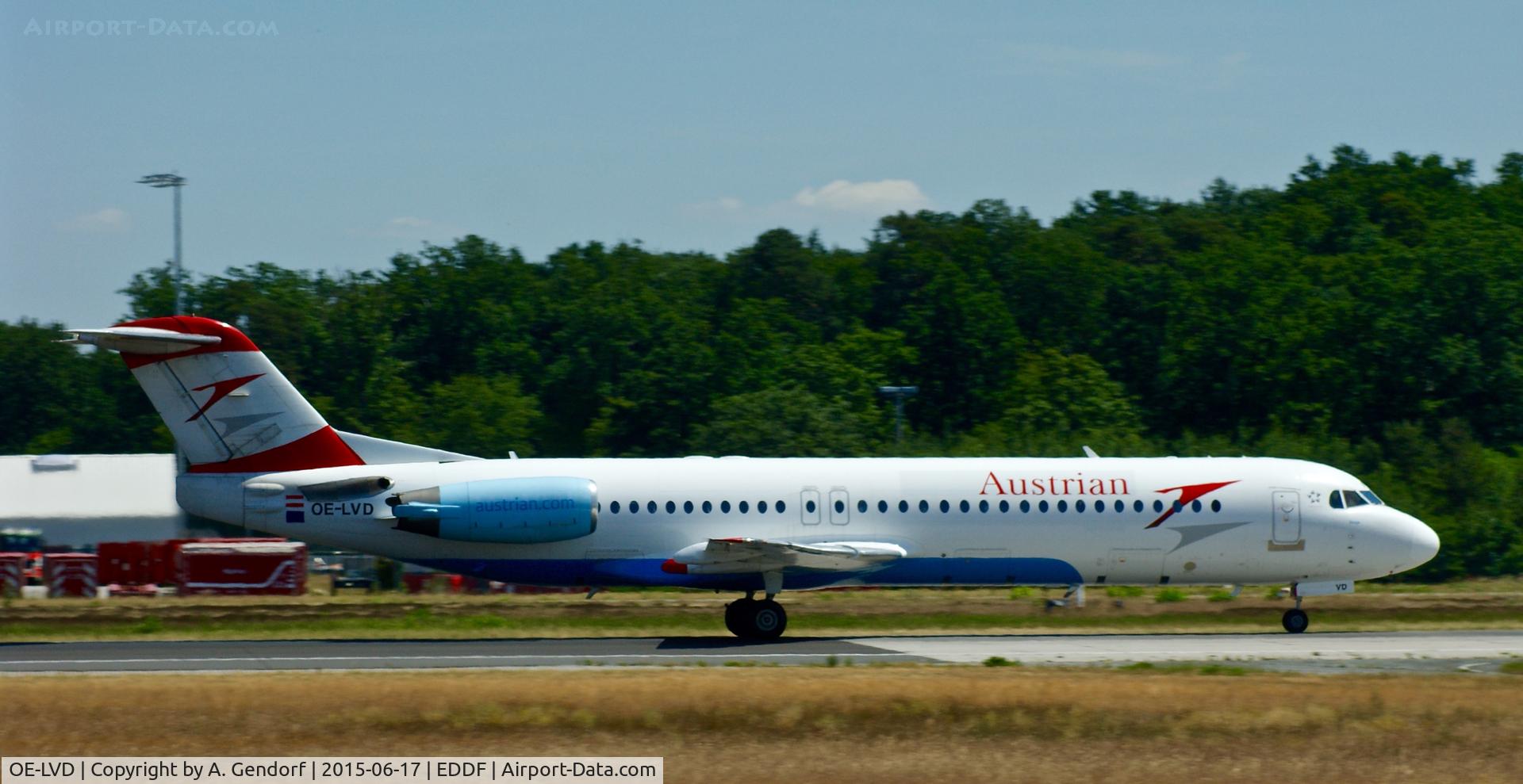 OE-LVD, 1994 Fokker 100 (F-28-0100) C/N 11515, Austrian Airlines, is here speeding up at Frankfurt Rhein/Main(EDDF)