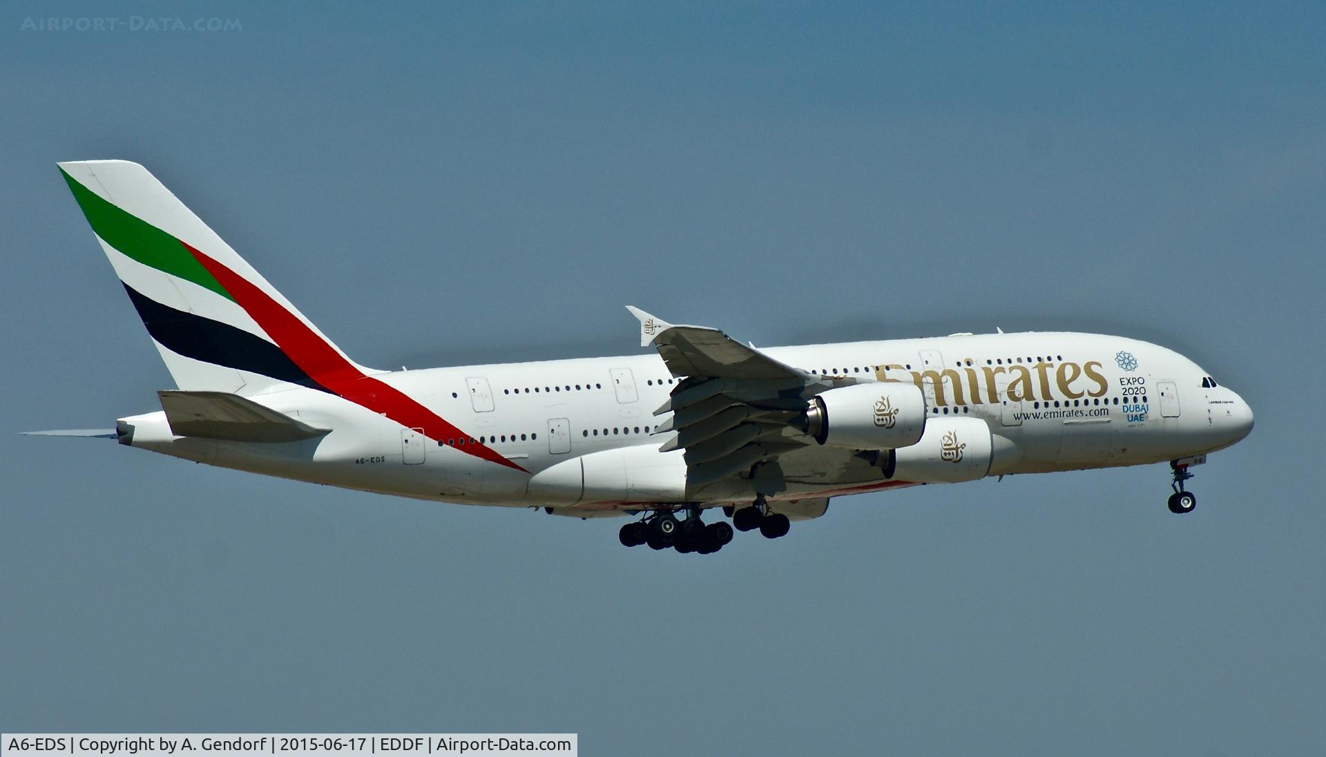 A6-EDS, 2011 Airbus A380-861 C/N 086, Emirates, is here landing at Frankfurt Rhein/Main(EDDF)