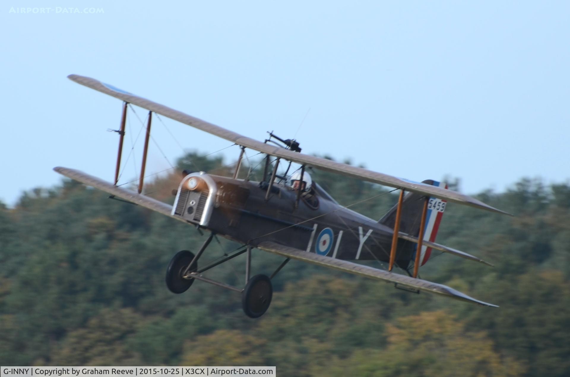 G-INNY, 1983 Royal Aircraft Factory SE-5A Replica C/N PFA 020-10439, Departing from Northrepps.