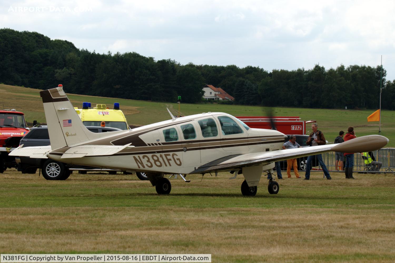 N381FG, Beechcraft A36TC Bonanza C/N EA-249, Bonanza taying at Schaffen-Diest airfield, fly-in 2015.