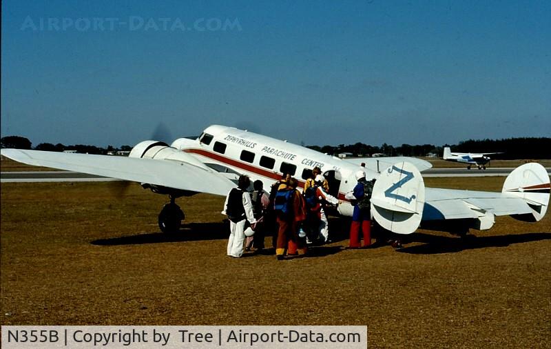 N355B, 1935 Lockheed 10-E Electra C/N 1042, 1975 skydiving from N38BB in Zephyrhills Florida. Made numerous jumps from this a/c with 16mm helmet camera.