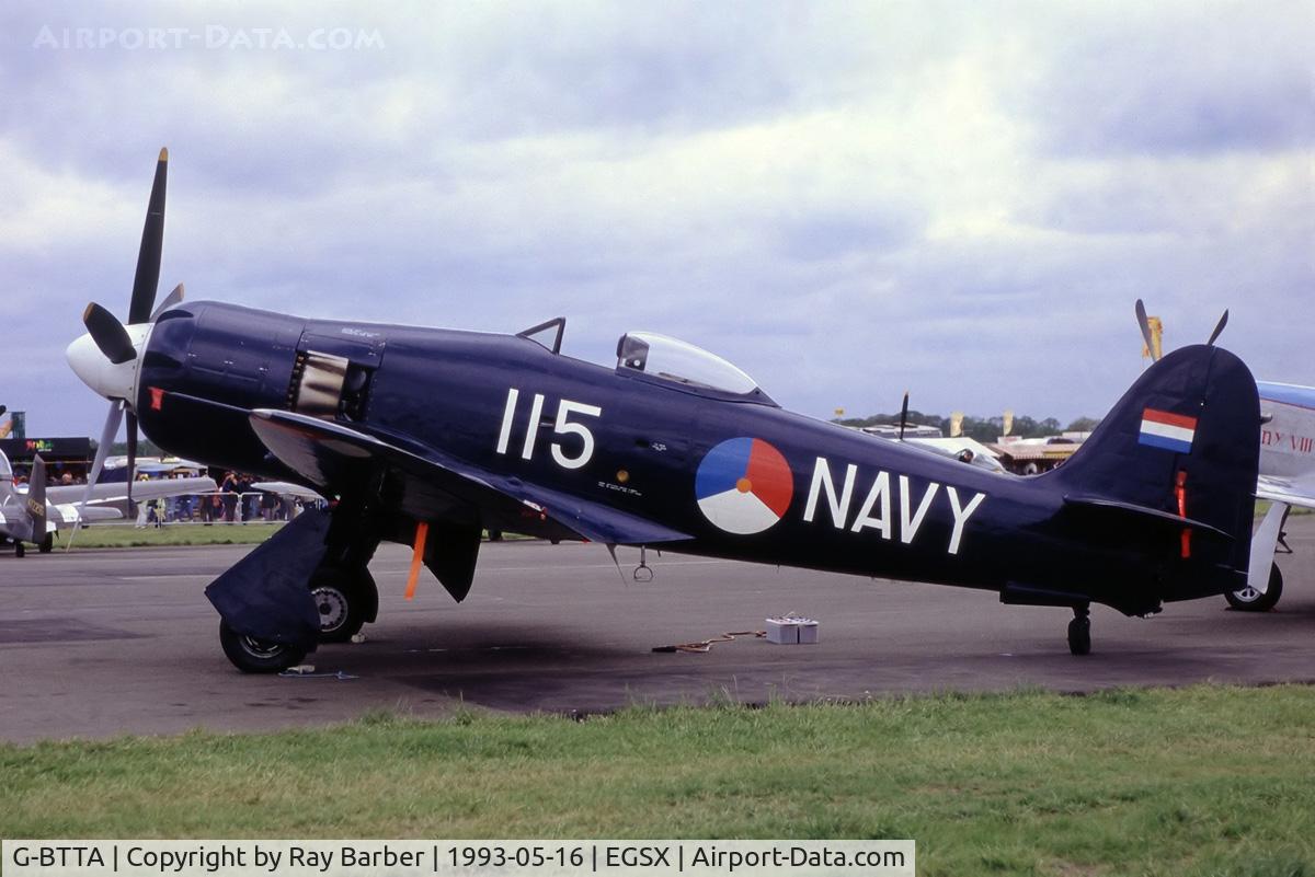 G-BTTA, 1948 Hawker Fury FB.10 C/N 37534, Hawker Fury ISS [37534] North Weald~G  16/05/93. From a slide.