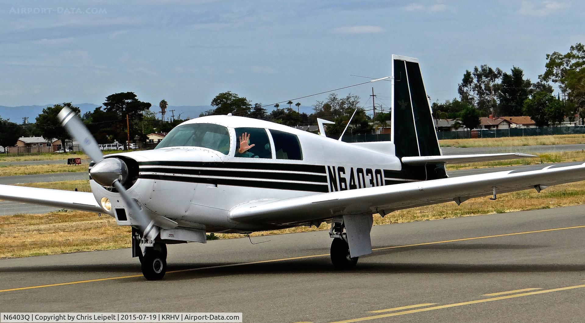 N6403Q, 1967 Mooney M20C Ranger C/N 670143, Locally-based 1967 Mooney M20C taxing in after landing at Reid Hillview Airport, San Jose, CA. Thanks for the wave!