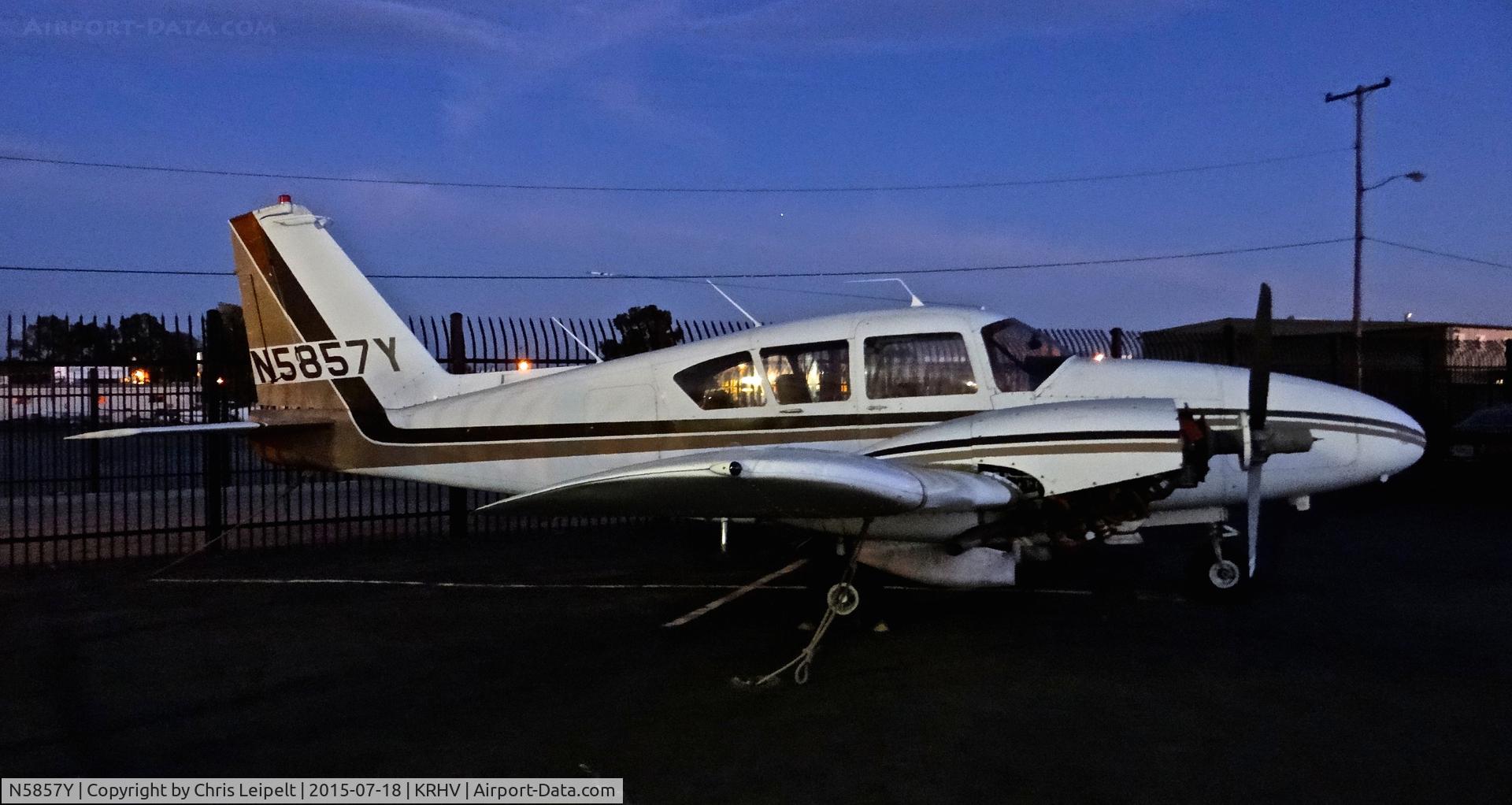 N5857Y, 1965 Piper PA-23-250 Aztec C/N 27-3009, Locally-based 1965 Piper PA-23-250 sitting on the Squadron 2 ramp (with lower cowlings removed) at Reid Hillview Airport, San Jose, CA.