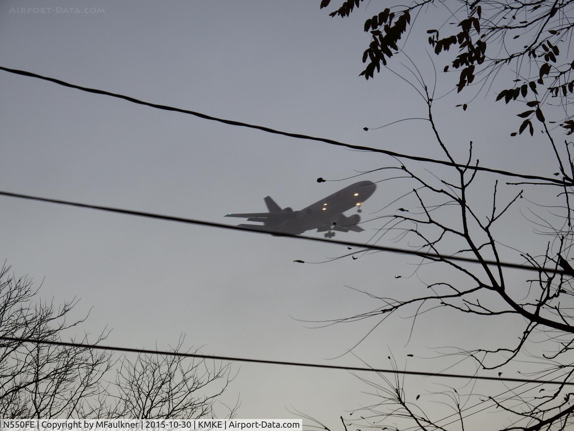 N550FE, 1972 McDonnell Douglas MD-10-10F C/N 46521, Flight 848 early morning Approach from KDTW to KMKE 25L prior to go around maneuver . Fog dropped suddenly creating a noisy scenario in the neighborhood!