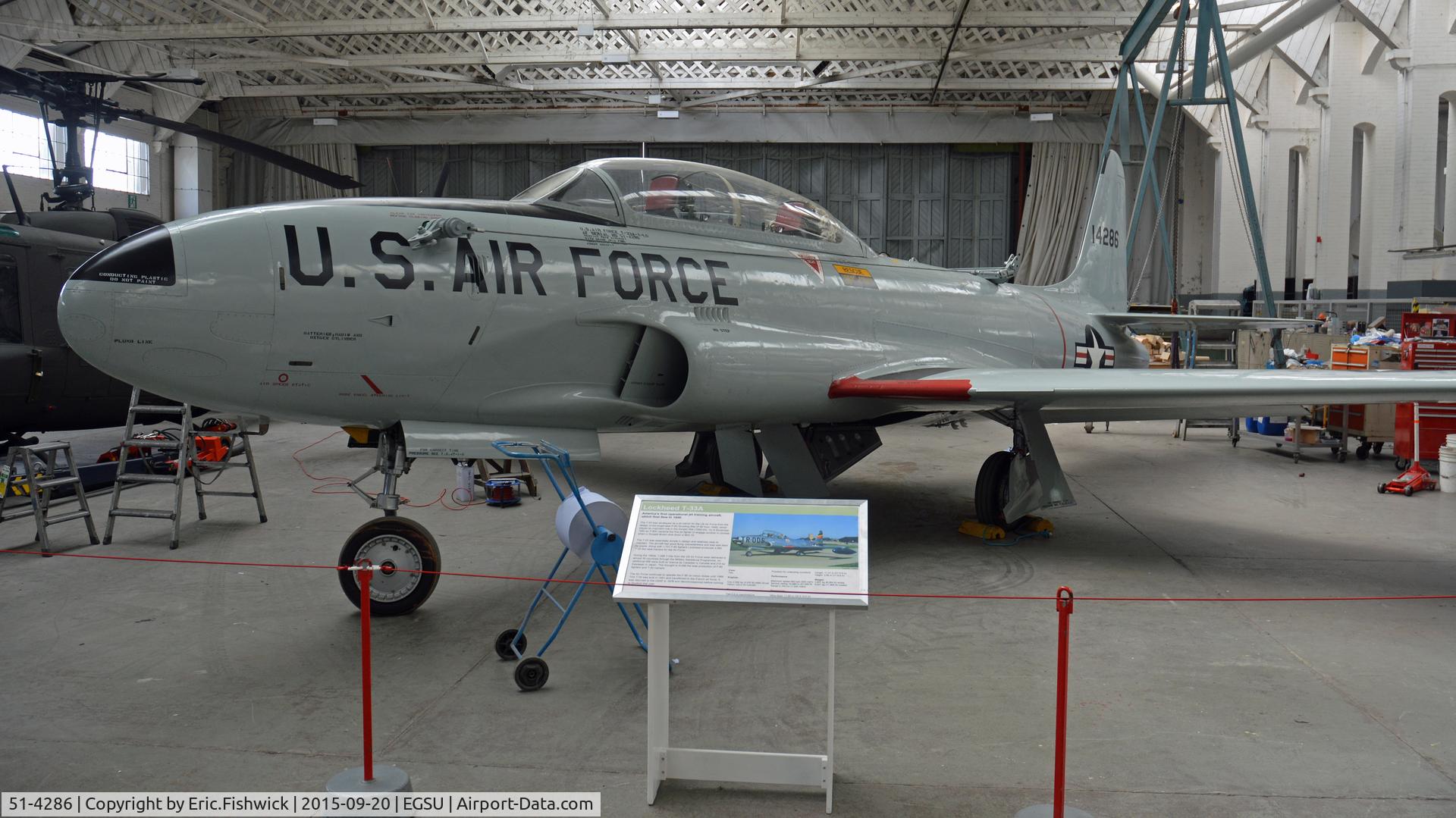 51-4286, 1951 Lockheed T-33A Shooting Star C/N 580-5581, 4. 51-4286 in the Aircraft Restoration Area, Imperial War Museum, Duxford, Cambridgeshire.