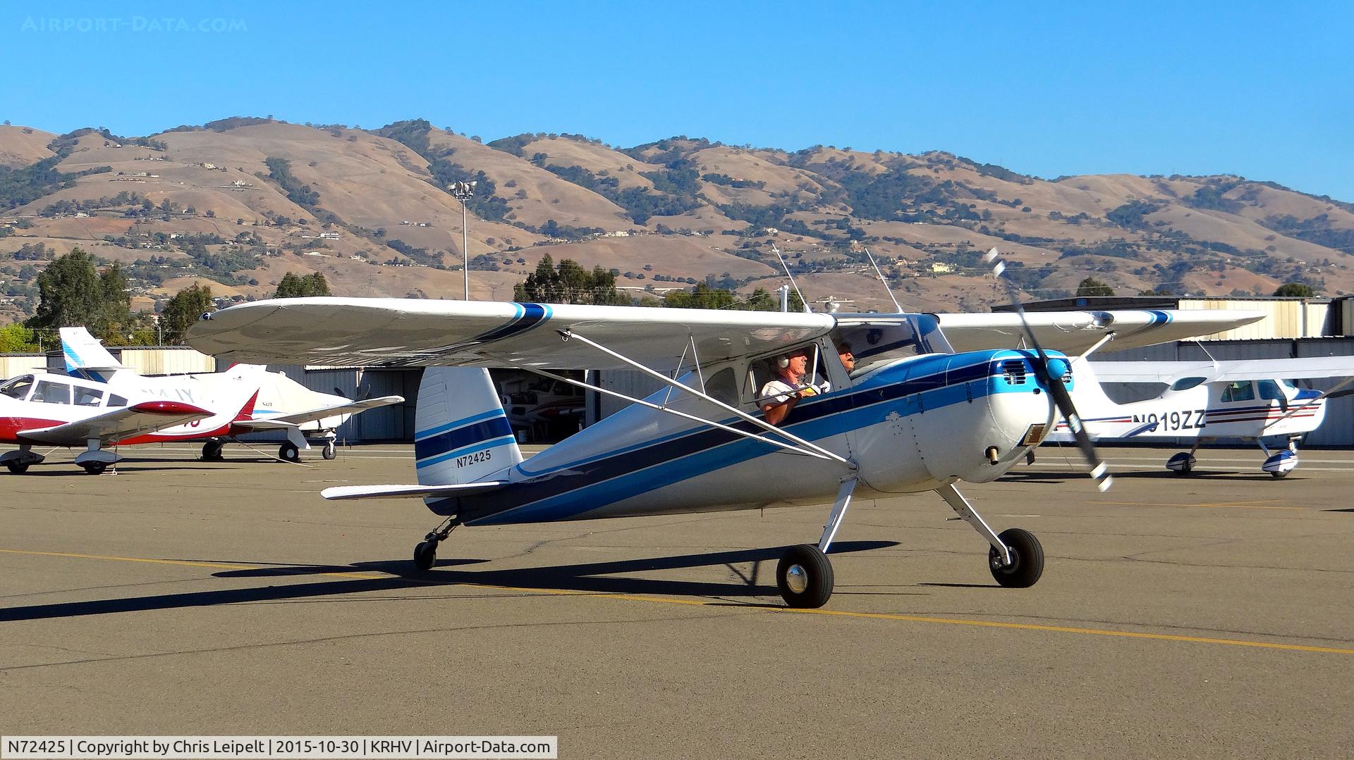N72425, 1946 Cessna 120 C/N 9586, Locally-based 1846 Cessna 120 taxing out for departure at Reid Hillview Airport, San Jose, CA.
