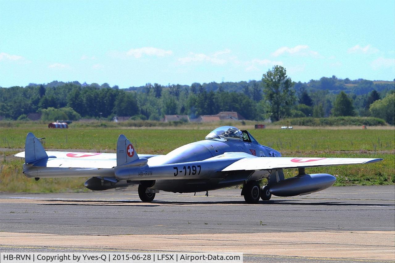 HB-RVN, 1952 De Havilland (FFA) Vampire FB.6 (DH-100) C/N 706, De Havilland (FFA) Vampire FB.6 (DH-100), Taxiing to holding point, Luxeuil-Saint Sauveur Air Base 116 (LFSX) Open day 2015