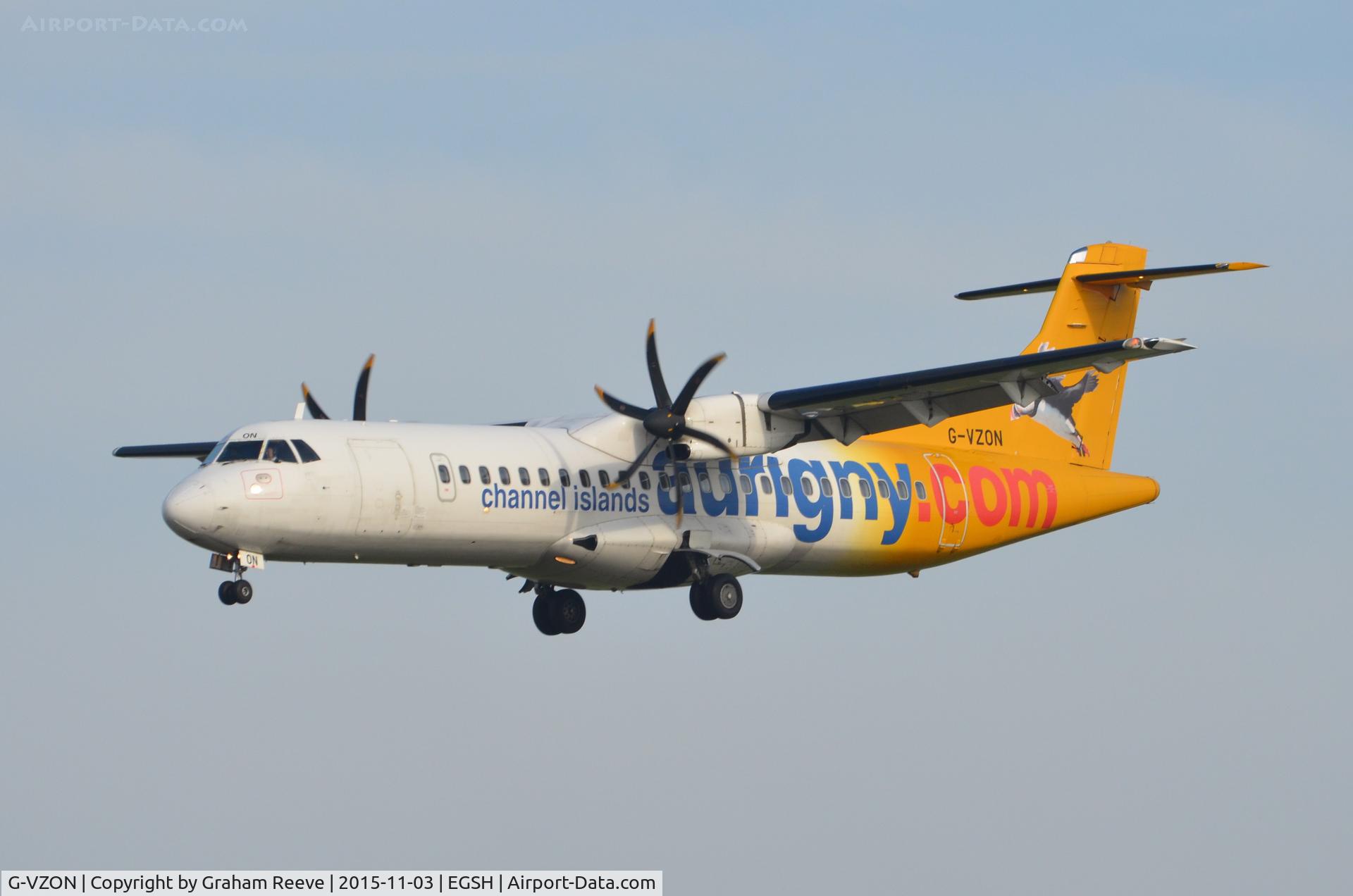 G-VZON, 2009 ATR 72-212A C/N 853, Landing at Norwich from after flying from Guernsey.