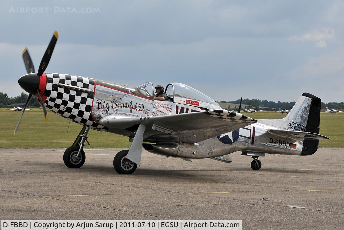 D-FBBD, 1951 Commonwealth CA-18 Mustang 22 (P-51D) C/N CACM-192-1517, Taxiing in at the Flying Legends 2011 Airshow. Painted as Col. J.D. Landers’ “Big Beautiful Doll”, this Mustang crashed later on in the airshow after being involved in a mid-air collision with Douglas A-1D Skyraider F-AZDP.
