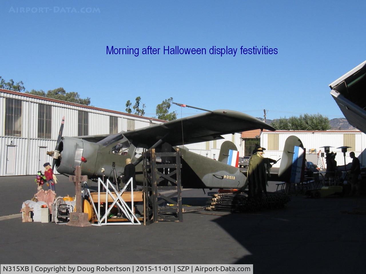 N315XB, Max Holste MH-1521M Broussard C/N 23, 1957 Avions Max Holste M.H.1521M BROUSSARD, Pratt & Whitney R-985 AN4 Wasp radial 450 Hp, French Army veteran, 335 built. Morning after Halloween party display was floodlit that night.