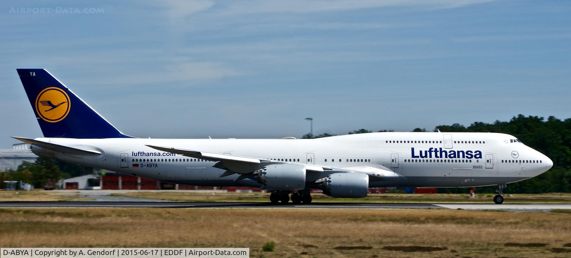 D-ABYA, 2012 Boeing 747-830 C/N 37827, Lufthansa, is here speeding up at Frankfurt Rhein/Main