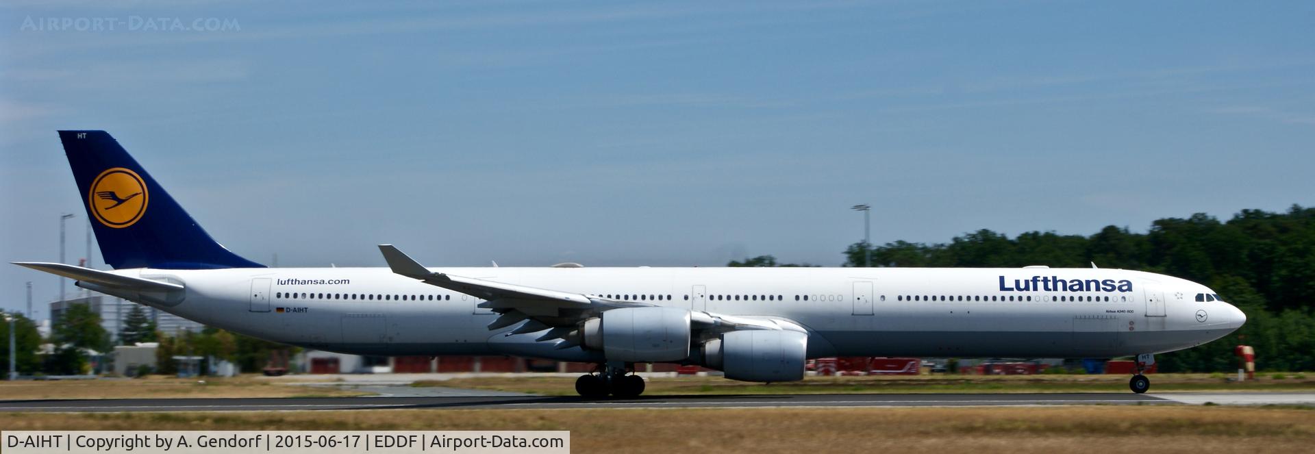 D-AIHT, 2008 Airbus A340-642 C/N 846, Lufthansa, is here speeding up on RWY 18 at Frankfurt Rhein/Main