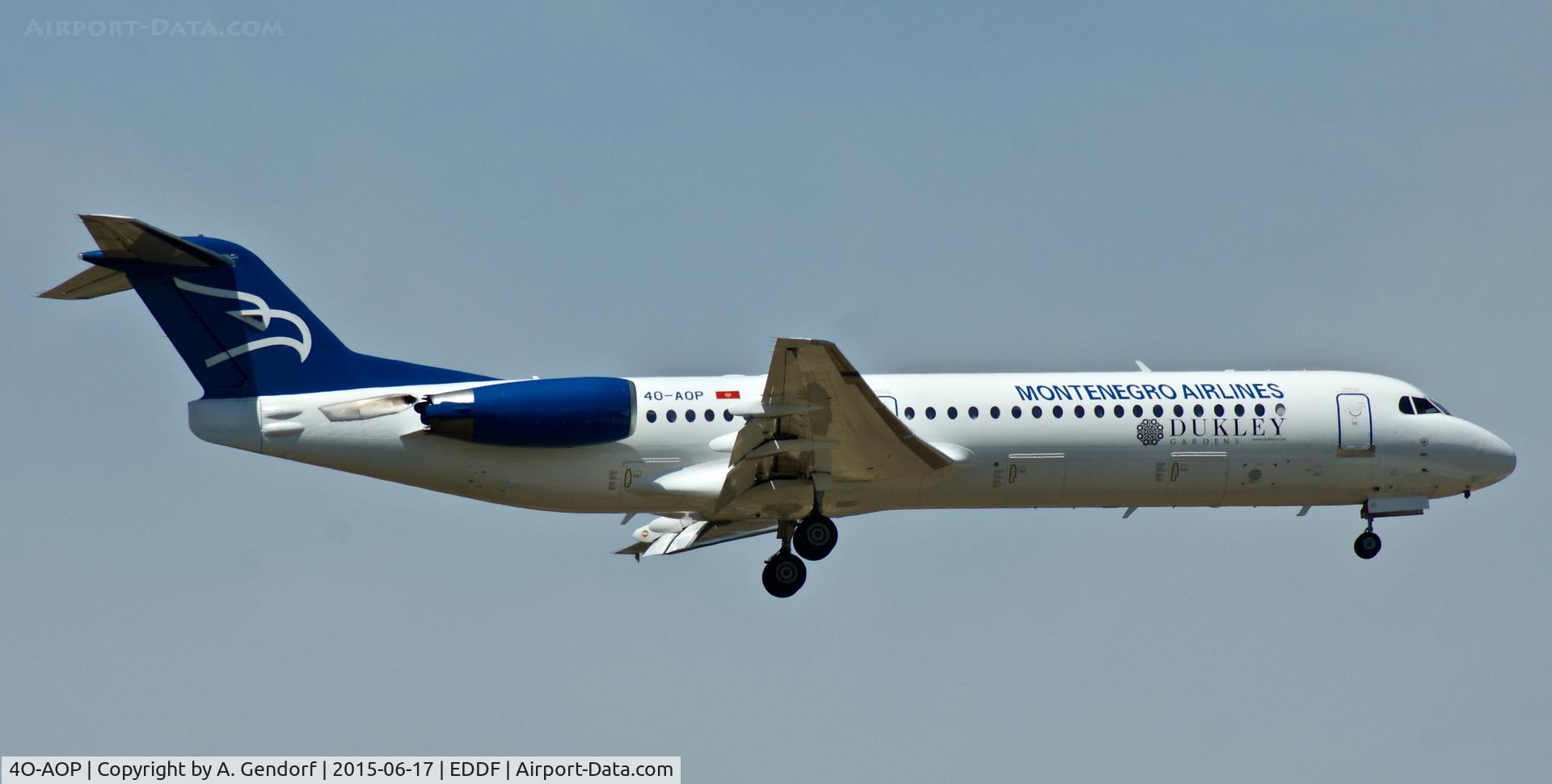 4O-AOP, 1991 Fokker 100 (F-28-0100) C/N 11332, Montenegro Airlines, is here on short finals at Frankfurt Rhein/Main