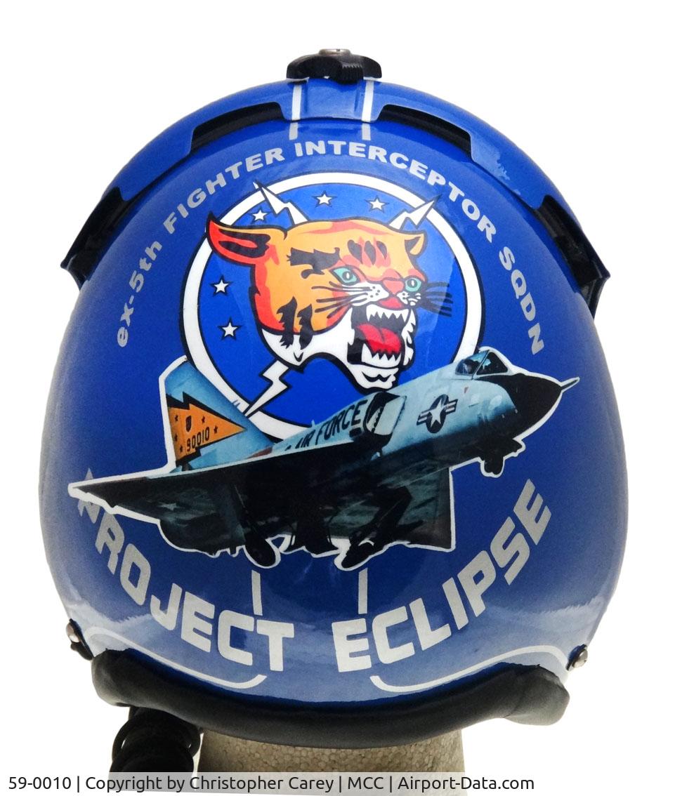 59-0010, 1959 Convair F-106A Delta Dart C/N 8-24-139, Rear view of the special presentation flight helmet accorded crew chief of 59-0010 at McClellan's Aerospace Museum of California. Elements of both NASA (Project Eclipse) and 5th Fighter Interceptor Squadron service are depicted in the helmet's graphic art