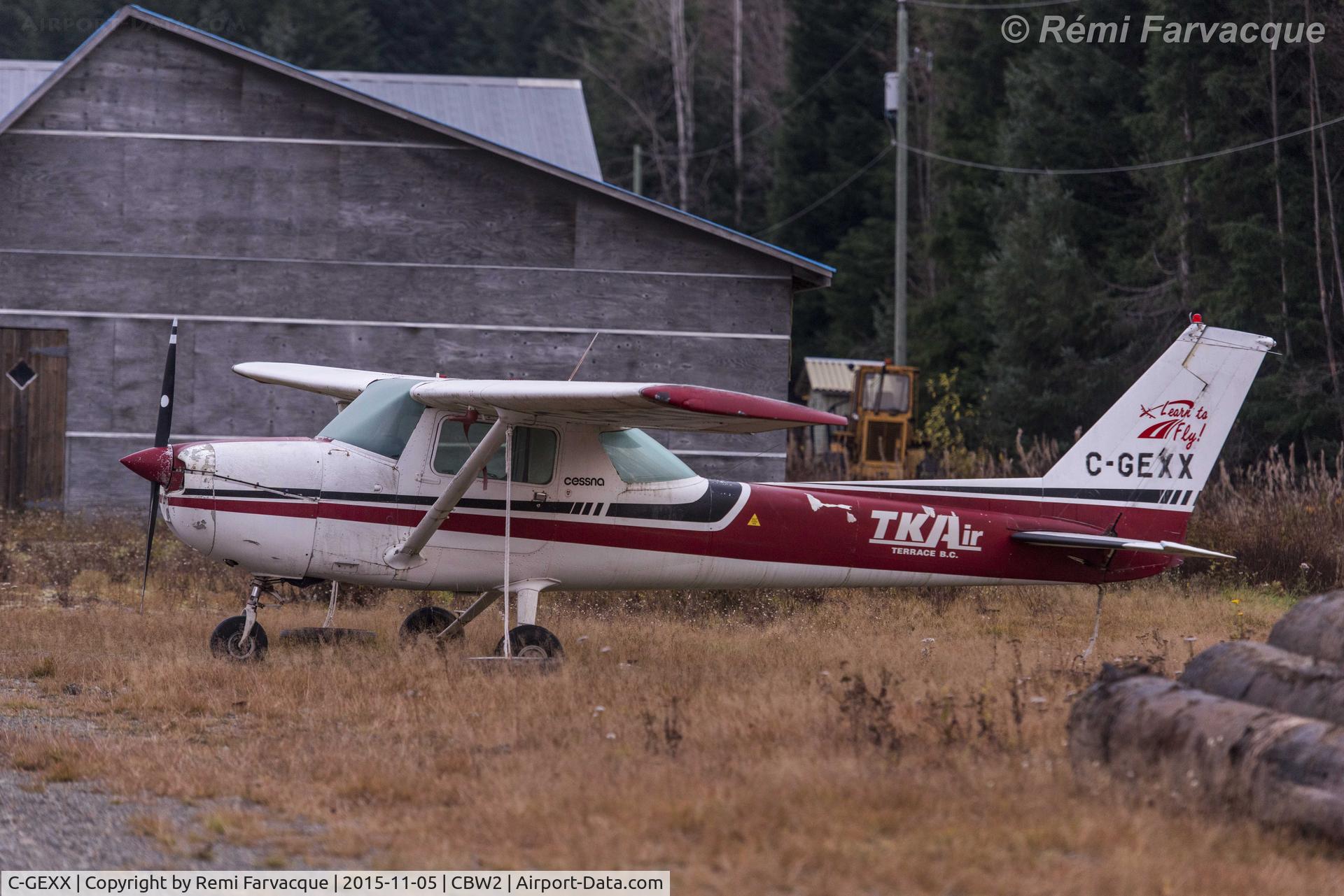 C-GEXX, 1976 Cessna 150M C/N 15077358, On small gravel (private?) airstrip just north of Kitimat, BC along west side of Highway 37.