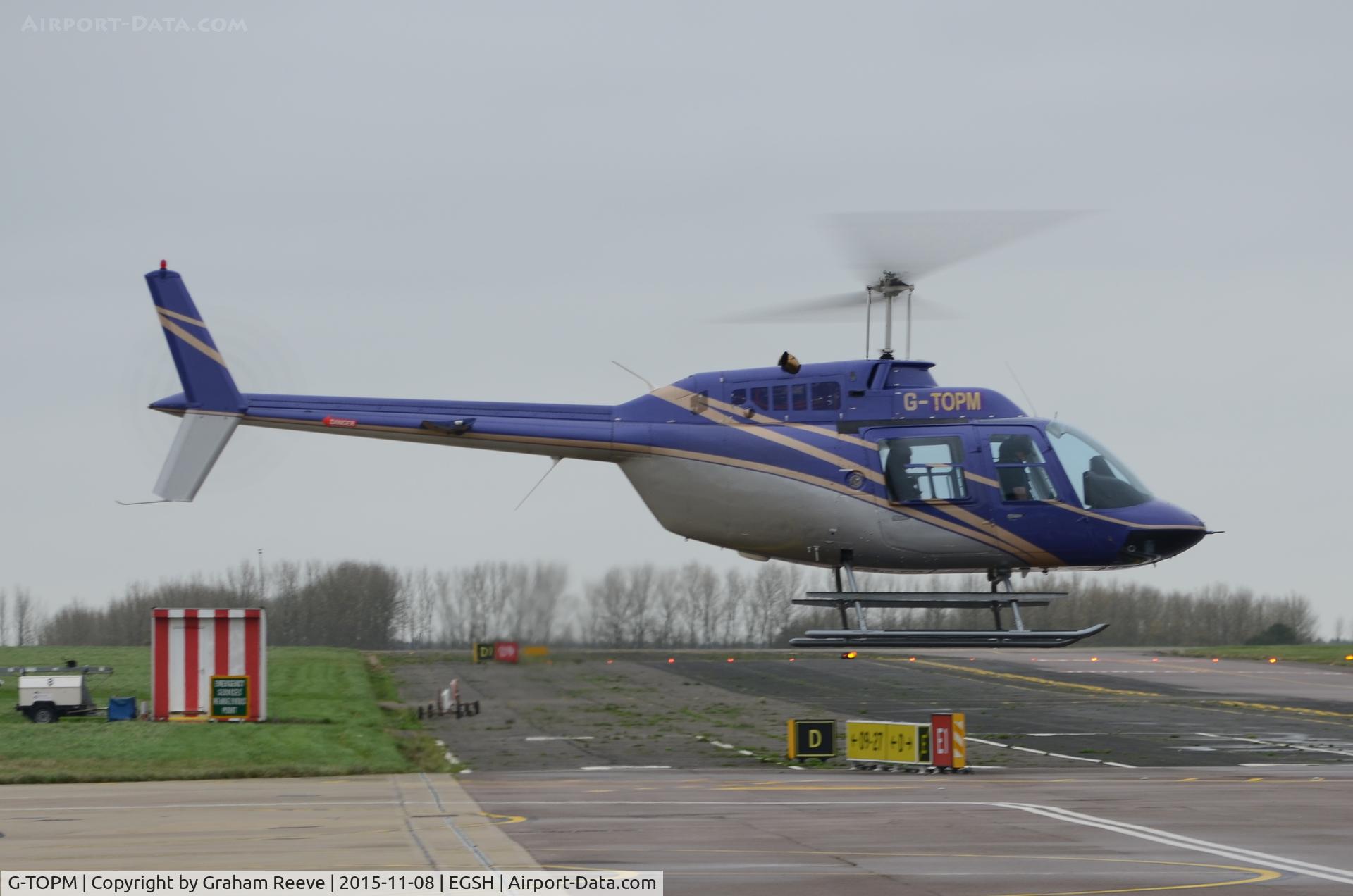 G-TOPM, 1991 Agusta AB-206B JetRanger III C/N 8732, Departing from Norwich.