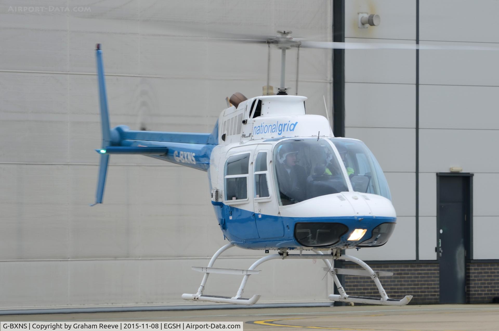G-BXNS, 1977 Bell 206B JetRanger III C/N 2385, Departing from Norwich.