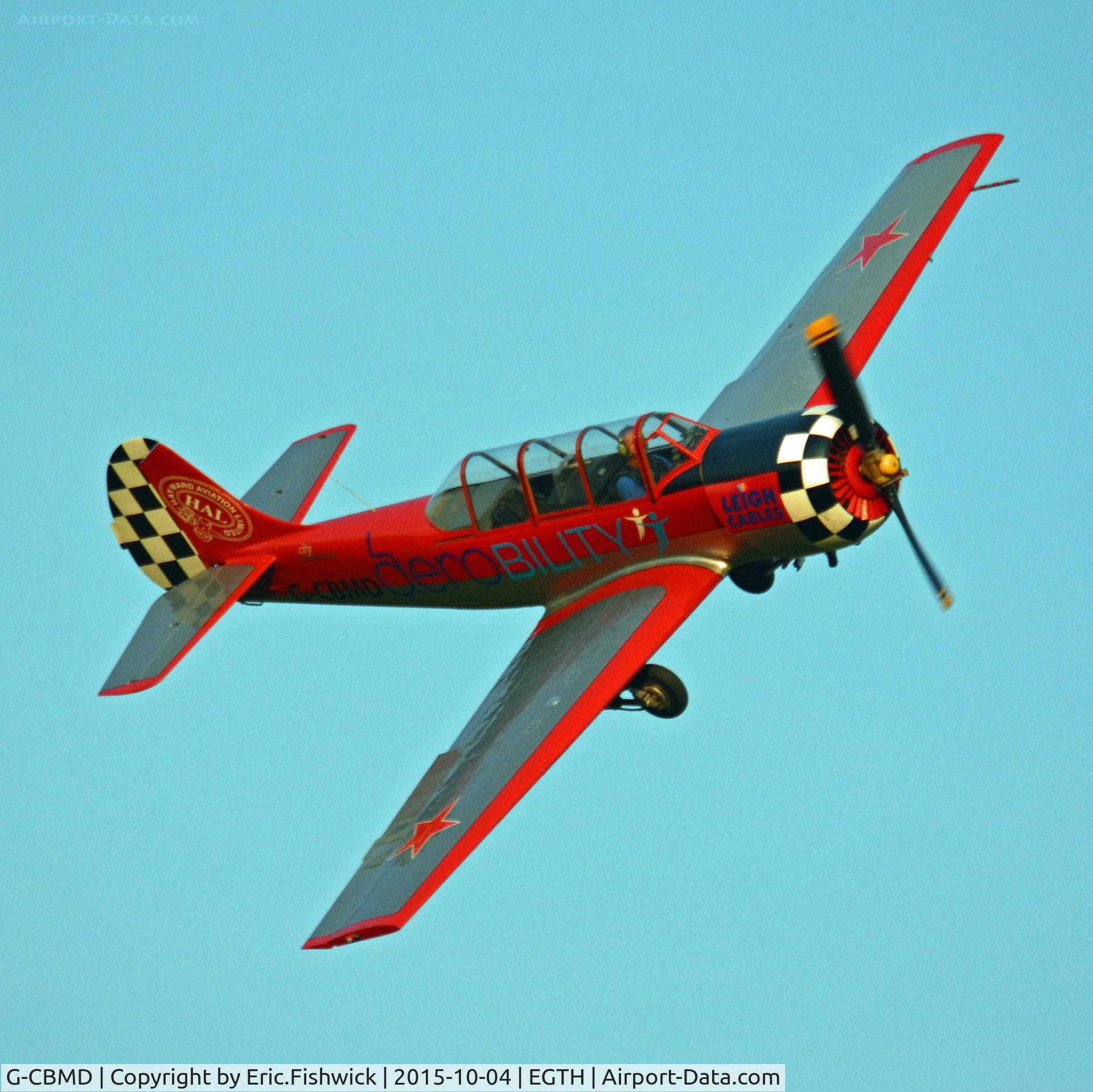 G-CBMD, 1982 Bacau Yak-52 C/N 822710, 43. G-CBMD in display mode at The Shuttleworth 'Uncovered' Airshow (Finale,) Oct. 2015.