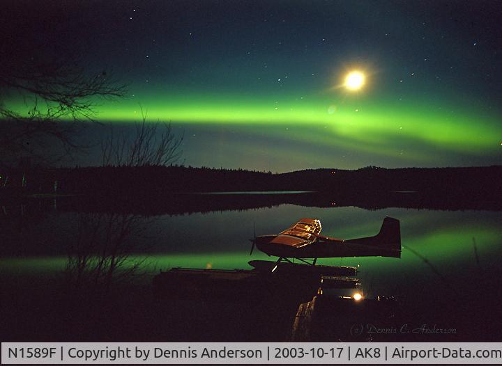 N1589F, Cessna 185E Skywagon C/N 185-0971, I took this image of the northern lights in October of 2003 at Christiansen Lake. Later, I tenatively identified the aircraft from another image, found on-line of the plane at this dock, as Cessna N1589F in use by Hudson Air Service of Talkeetna, Alaska.