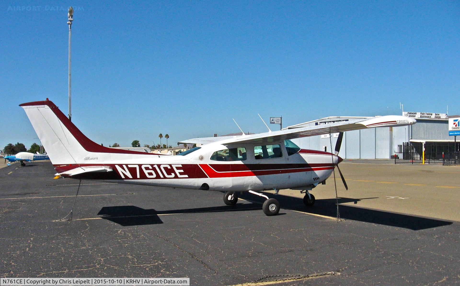 N761CE, 1977 Cessna T210M Turbo Centurion C/N 21062143, Utah Valley Aviation LLC (Orem, UT) 1977 Cessna T210M parked on the transient ramp at Reid Hillview Airport, San Jose, CA.
