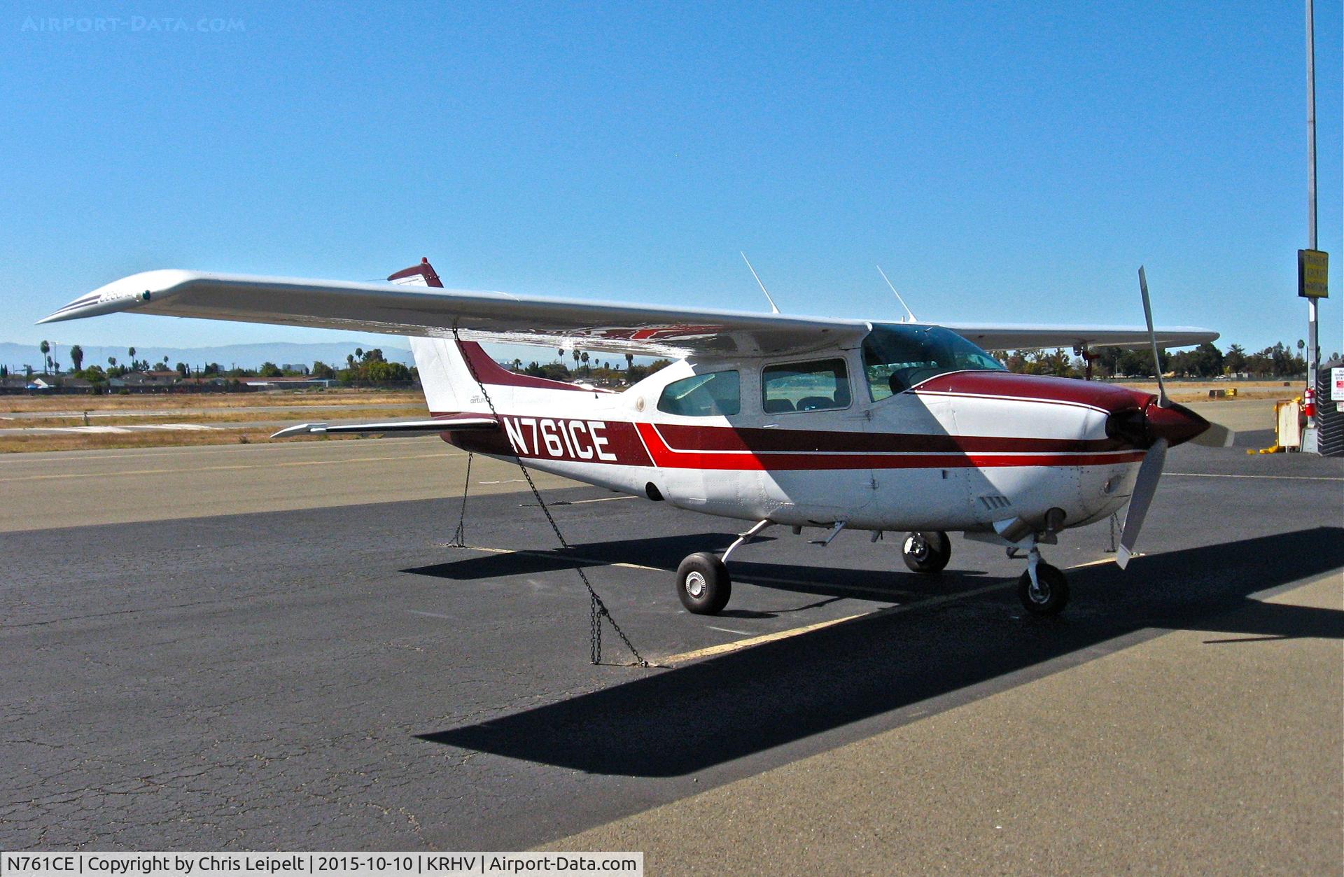 N761CE, 1977 Cessna T210M Turbo Centurion C/N 21062143, Utah Valley Aviation LLC (Orem, UT) 1977 Cessna T210M parked on the transient ramp at Reid Hillview Airport, San Jose, CA.