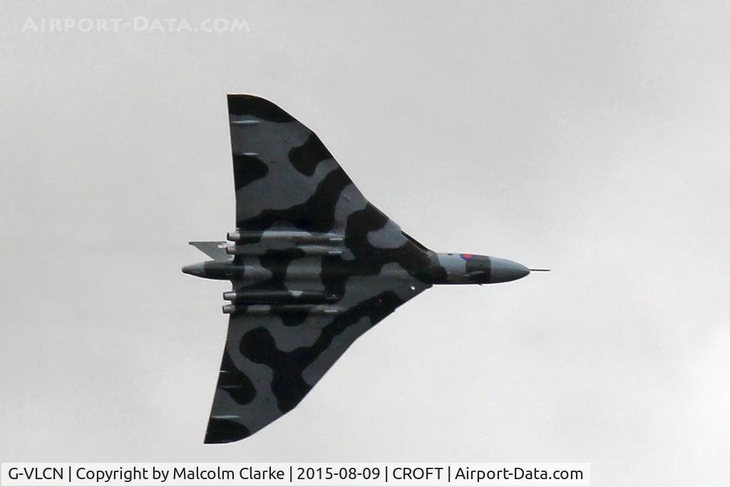 G-VLCN, 1960 Avro Vulcan B.2 C/N Set 12, Avro Vulcan B.2. A chance roadside opportunity as the aircraft circles Croft race track on its last flight over Co Durham. August 9th 2015.