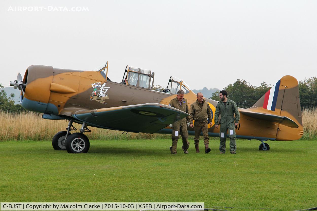 G-BJST, 1953 Canadian Car & Foundry T-6H Harvard Mk.4M C/N 14A-2429, Canadian Car & Foundry T-6H Harvard Mk4M. The only aircraft flying on Fishburn Airfield's Wings and Wheels Day, October 3rd 2015 providing experience flights to a lucky few!.
