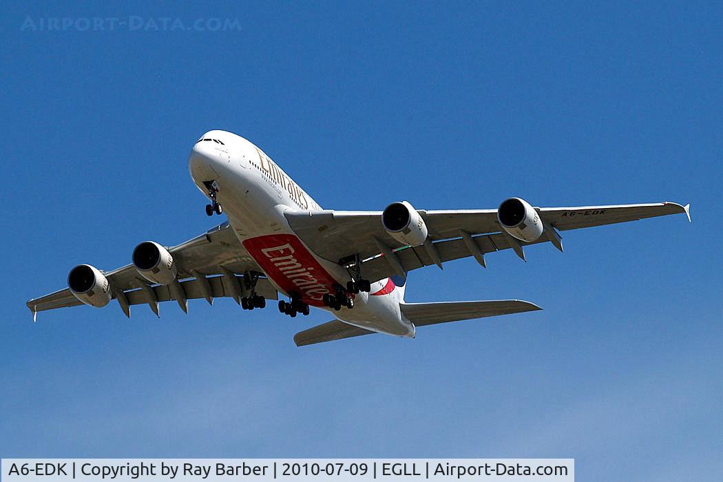 A6-EDK, 2010 Airbus A380-861 C/N 030, Airbus A380-861 [030] (Emirates Airlines) Home~G 09/07/2010. On approach 27R.