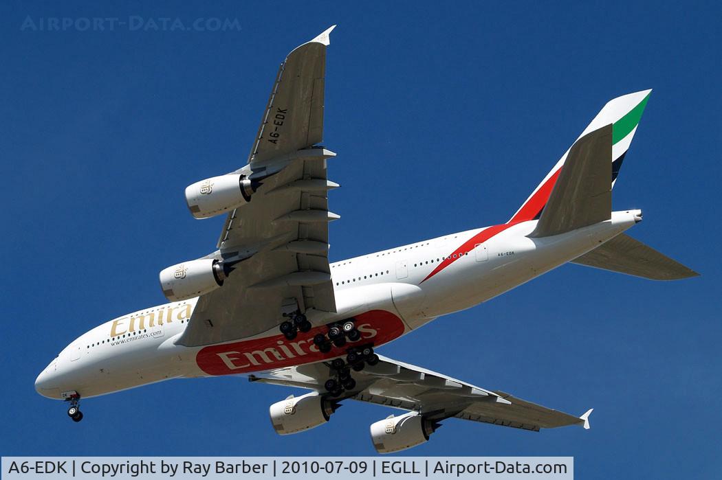 A6-EDK, 2010 Airbus A380-861 C/N 030, Airbus A380-861 [030] (Emirates Airlines) Home~G 09/07/2010. On approach 27R.